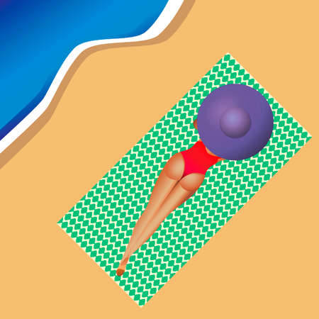 Beautiful vector illustration.Girl on the beach wearing a hat and bright rugのイラスト素材