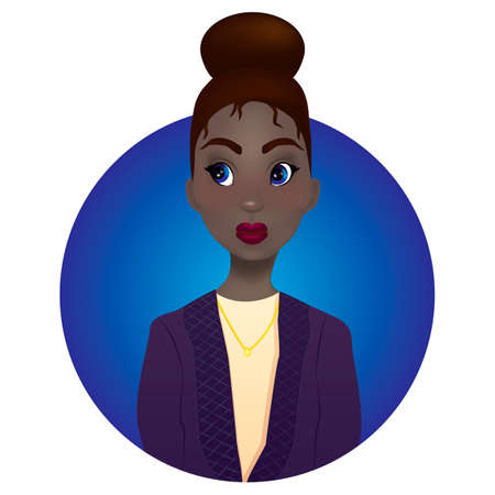 Bright vector illustration. Beautiful dark-skinned girl with big blue eyes, red lipsのイラスト素材