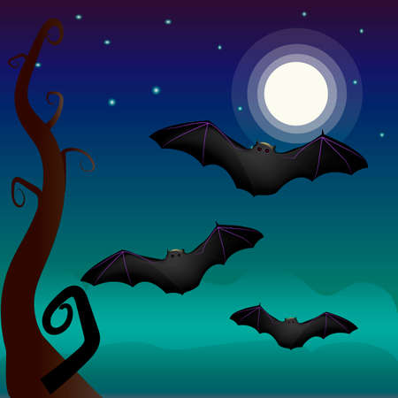 Beautiful vector illustration. A bat under the moon. Spooky landscape. Halloweenのイラスト素材