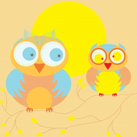 two owls sitting on a branchのイラスト素材