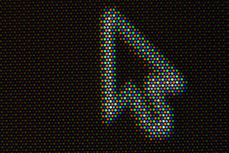 Arrow cursor on black area. Pixels of cathode ray tube. Real macro photo.の写真素材