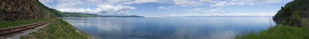 Panoramic photo of lake Baikal with Circum-Baikal Road, the historical part of Trans-Siberian railway. XXXL. Lake Baikal contents about 1/5 of world reserve of sweet water.の写真素材