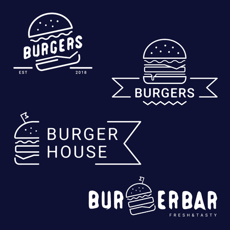 Burger, fast food logo or icon, emblem. Outline design. Set of Burger shop logotypes. Label for menu design restaurant or cafe. Capital letters, vector illustrationのイラスト素材