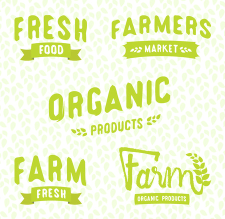 Farmer's market logos templates vector objects set. Vector food labels for vegetarian restaurant, cafe, bakery menu. Fresh Natural Organic Food. Lettering, calligraphyのイラスト素材