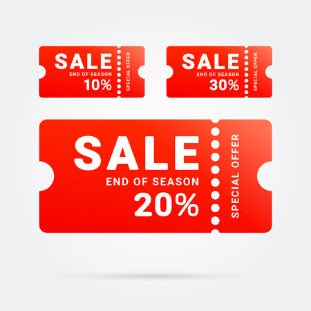 End of season Sale illustrated on red ticket. Special offer Sale label. Vector promo, sale poster, banner. 10 20 30のイラスト素材