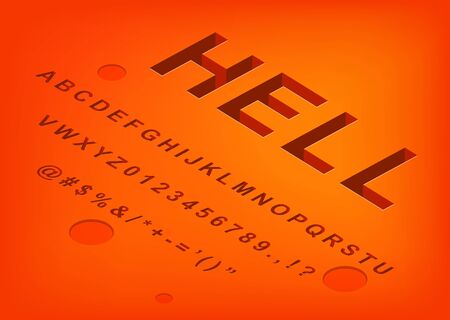 Hell alphabet isometric 3d font design, three-dimensional letters and numbers vector illustrationのイラスト素材