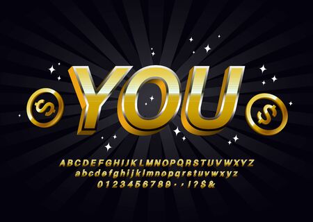 Vector Golden label with 3D Alphabet Letters and Coins, Numbers and Symbolsのイラスト素材