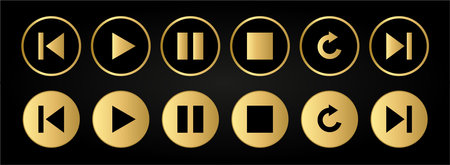 Button icons play, pause, repeat, previous, next. A set of symbols for playback. Player button icons are black and gold. Vector set of buttons for video player isolatedのイラスト素材