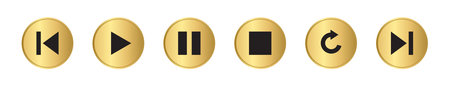 A set symbols for playback. Button play, pause, repeat, previous, next. Gold media player icon. Element user interface of a app. Vector UI set of buttons isolated on white backgroundのイラスト素材