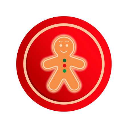 Christmas gingerbread man achievement icon. Character glowing cookie reward symbol. Christmas red button with sweet cookies. Vector illustration on white backgroundのイラスト素材