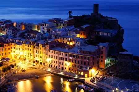 Historical Village Vernazza in the Night, Cinque Terre, Italyの写真素材