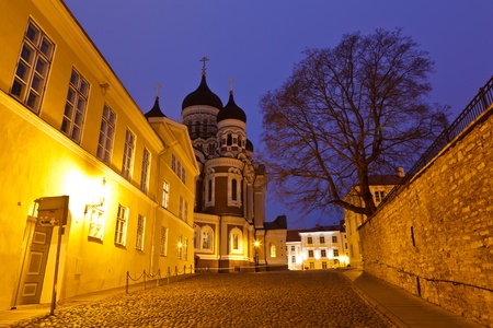 Alexander Nevsky Church in Tallinn at Night, Estoniaの写真素材