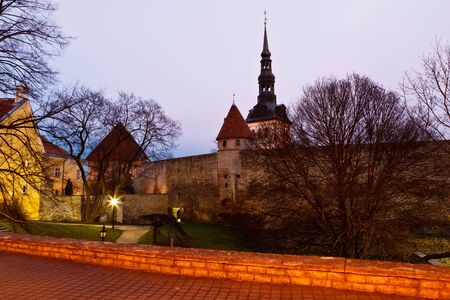 Early Morning at City Walls and Towers of Old Town in Tallinn, Estoniaの写真素材