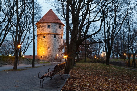 Illuminated Tower in the Old Town of Tallinn , Estoniaの写真素材