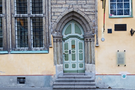 Ornate Green Gothic Door in Old Tallinn, Estoniaの写真素材