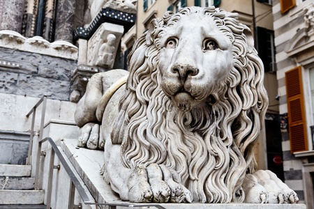 Marble Lion Guarding Cathedral of Saint Lawrence (Lorenzo) in Genoa, Italyの写真素材