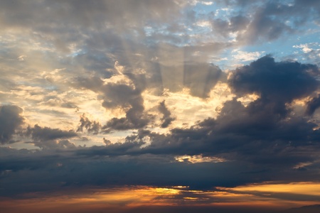 Dramatic Sunset with Red and Gold Clouds near Genoa, Italyの写真素材