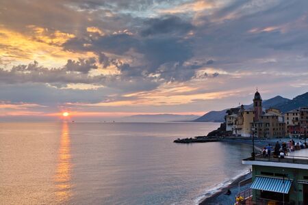 Dramatic Sunset on the Pebble Beach of Camogli near Genoa, Italyの写真素材