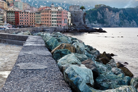 Breakwater with Huge Rocks in the Village of Camogli, Italyの写真素材