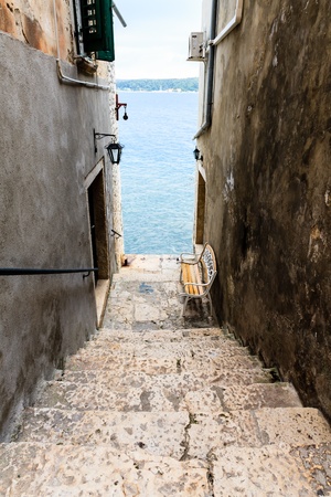 Narrow Stairway to Sea in Rovinj, Croatiaの写真素材