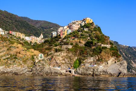 Sunset in the Village of Corniglia in Cinque Terre, Italyの写真素材