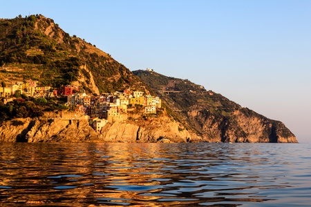 Sunset in the Village of Manarola in Cinque Terre, Italyの写真素材