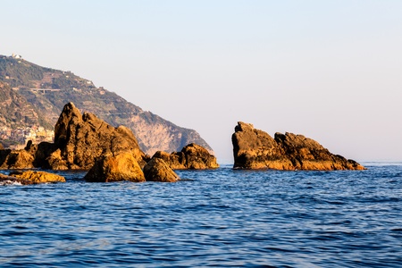Cliffs and Rocks at Sunset in Cinque Terre, Italyの写真素材