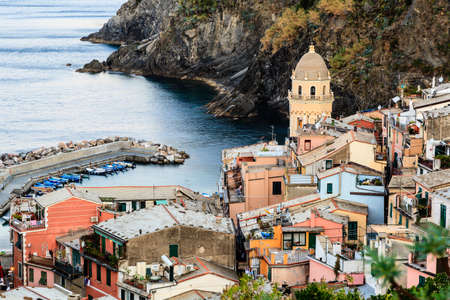 The Medieval Church in the Village of Vernazza, Cinque Terre, Italyの写真素材