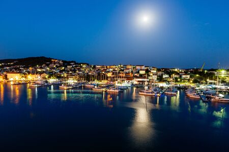 Aerial View on Illuminated Coast of Island Ciovo in the Night, Croatia