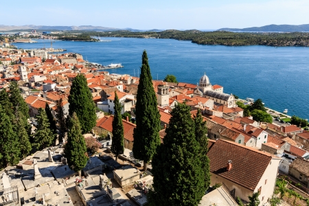 Panoramic View on Saint James Cathedral and City of Sibenik, Croatiaのeditorial素材