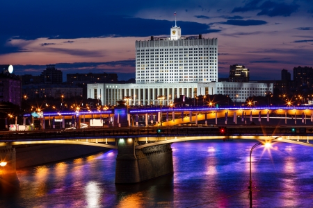 White House and Moscow River Embankment at Night, Russiaのeditorial素材