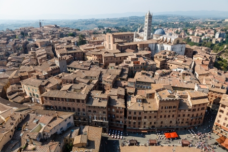 Aerial View on Piazza del Campo, Central Square of Siena, Tuscany, Italyの写真素材