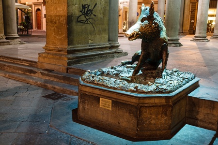 Wild Boar Statue on the New Market Square in Florence at Night, Italyのeditorial素材
