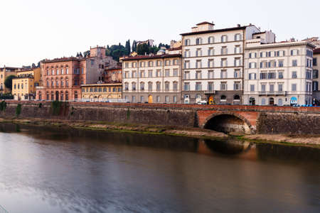 Arno River Embankment in the Early Morning Light, Florence, Italyのeditorial素材