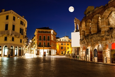 Full Moon above Piazza Bra and Ancient Roman Amphitheater in Verona, Italyのeditorial素材