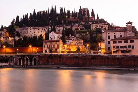 Adige River Embankment at Morning in Verona, Veneto, Italyの写真素材