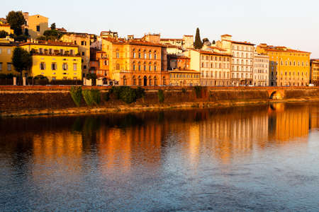 Arno River Embankment after Sunrise in Florence, Tuscany, Italyの写真素材