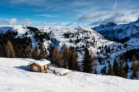 House in Passo Campolongo Valley near Skiing Resort of Arabba, Dolomites Alps, Italyの写真素材