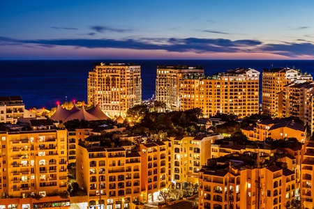 Aerial View on Illuminated Fontvieille and Monaco Harbor, French Rivieraの写真素材