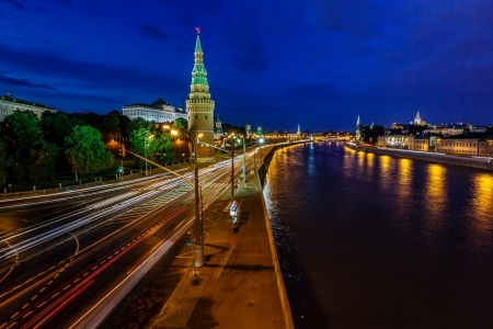 Moscow Kremlin and Moscow River Illuminated in the Evening, Russiaの写真素材
