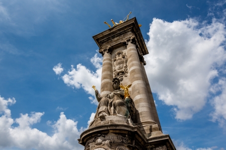 Alexandre III Bridge Pillar Close Up against Clouds, Paris, Franceの写真素材