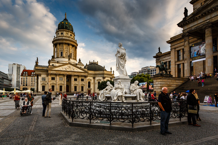 BERLIN, GERMANY - AUGUST 10  German Cathedral and Gendarmenmarkt Square on August 10, 2013 in Berlin, Germany  The square was created by Johann Arnold Nering at the end of the seventeenth century のeditorial素材