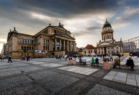 BERLIN, GERMANY - AUGUST 10  French Cathedral and Gendarmenmarkt Square on August 10, 2013 in Berlin, Germany  The square was created by Johann Arnold Nering at the end of the seventeenth century のeditorial素材