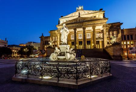 Friedrich Schiller Sculpture and Concert Hall on Gendarmenmarkt Square at Night, Berlin, Germanyの写真素材