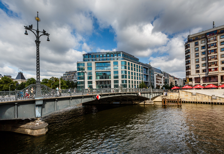 BERLIN, GERMANY - AUGUST 11  Friedrichstrasse Bridge Over the Spree River on August 11, 2013 in Berlin, Germany  The Friedrichstrasse is a major culture and shopping street in central Berlin のeditorial素材