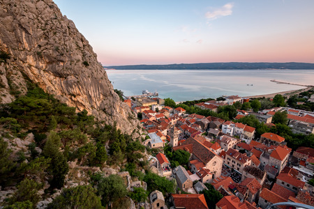 Aerial View on Omis Old Town and Holy Spirit Church, Dalmatia, Croatiaの写真素材