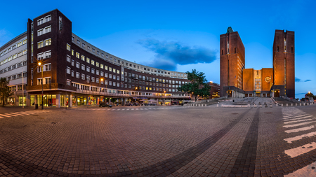 OSLO, NORWAY - June 11, 2014: Panorama of Oslo City Hall. The construction started in 1931, but was paused by the outbreak of World War II, before the official inauguration in 1950.のeditorial素材