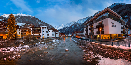 SOLDEN, AUSTRIA - 10 JANUARY 2016: Solden Ski Resort Skyline in the Morning, Tirol, Austria. Solden is a popular ski resort and regularly hosts the first World Cup races of the season.のeditorial素材