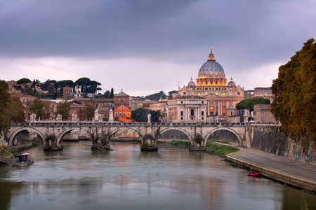Tiber River and Saint Peter Cathedral in the Evening, Rome, Italyのeditorial素材