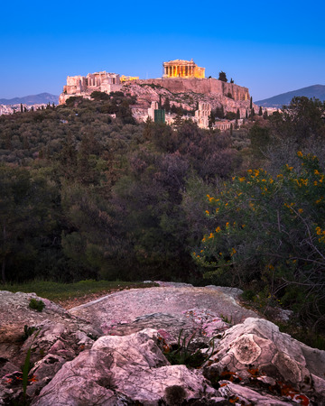 View of Acropolis and Parthenon from the Philopappos Hill in the Evening, Athens, Greeceの写真素材